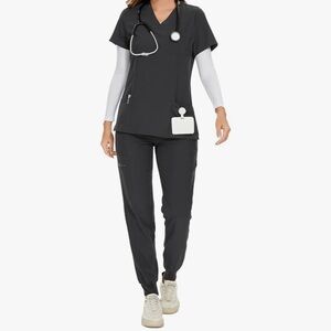 Cozyfit Womens Scrubs 3 Pocket Top and 5 Pocket Joggers in Charcoal Size L